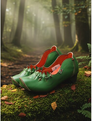  Middeleeuwse Viking-stijl leren damesschoenen met lage hak – retro groene handgestikte details voor kostuums, renaissancebeurzen, festivals en dagelijkse vintage-outfits