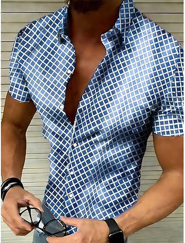  Herre Skjorte Sommer skjorte Casual skjorte Strandtrøje Button Up skjorte Sort Hvid Rød Blå Grøn Kortærmet Geometrisk Argyle Knaphul Ferierejse Hawaiiansk Knapper Tøj Polyester Mode Afslappet Bekvem