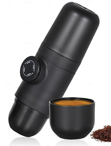  آلة صنع قهوة وإسبريسو محمولة، تشغيل يدوي، حجم محمول، آلة قهوة سفر صغيرة، مثالية للتخييم والمشي لمسافات طويلة واستخدام المكتب، لون أسود.