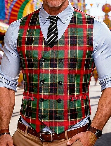  Hombre Chaleco Exterior Carnaval Fiesta Formal Moda Ropa de calle Primavera Otoño Botones Polyester Transpirabilidad Plaid Botonadura Simple Escote en Pico A Medida Verde Trébol Chaleco