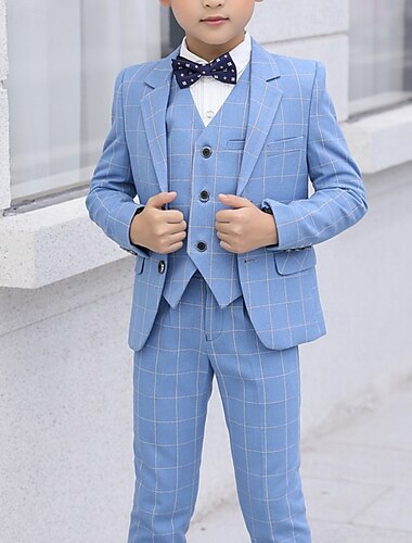  4-teiliger Ringträgeranzug für Jungen und Kinder & Hose  &Hemden &Krawatte, Jungenanzug, lässig, für Outdoor-Partys, modisch, cool, Basic, kariert, mit Taschen, Knöpfen, blau, schwarz, marineblau,