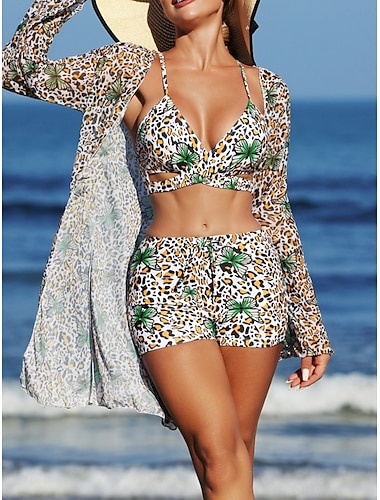  Damen Bikini 3-teilig Badeanzug Shorts Schmal Rückenfrei Urlaubs Strandbekleidung V-Hals Ärmellose Badeanzüge