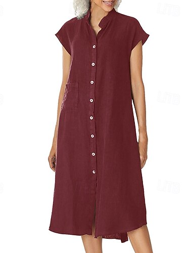 Damskie Sukienka midi Codzienne sukienki Bawełniana lniana sukienka Elegancja Moda Nowoczesny Codzienny Biuro Urlop Regularny Równina Krótki rękaw Kołnierz stawiany Wino Ciemnoniebieski Szary Lato