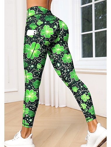  St Patrick Dam pilatesleggings Fitnessbyxor Gymleggings Fickor Stämpelskatt Sidfickor Pilates Gym Gymträning Trikåer Damasker Underdelar Klöver Grön och Svart sporter Sportkläder Hög Elasisitet Tight