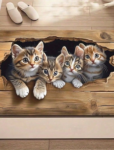  3D-Optische Illusion Fußmatte Visuelle Falle Fußmatte Rutschfest Süßes Kätzchen Holz-Peek-Design für Eingangsbereich Badezimmer Innen Außen Diatomaceous Earth Schnell trocknend Absorbierend 20 x 31