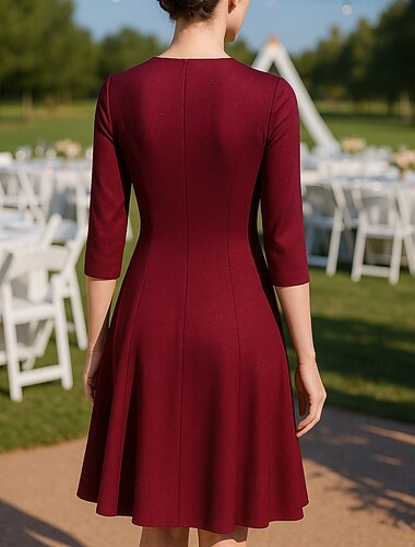  A-Linje Kne Lengde Festkjole Festkjole Kveldsdrakt Mor til bruden kjole 3/4 Lengde Ermer V-hals Elegant Vintage Fest med Perlebroderi