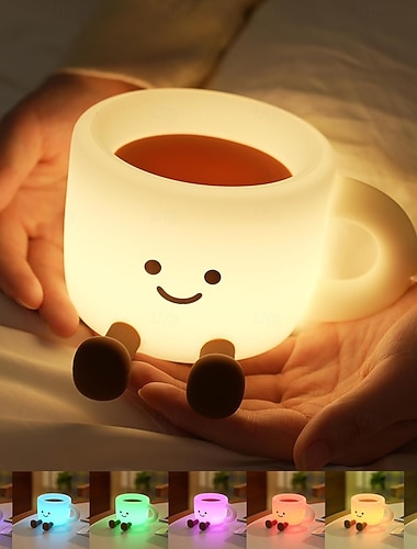  nattlys for barn, nattlys med 7 farger og USB-kaffekopper, silikon nattlampe med 3 nivåer og timer, nattbordslampe til barnerom med timer, oppladbart nattlys til dekorasjon, gave til gutter og jenter