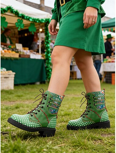  Dames enkellaarsjes met groene stippen en vetersluiting - decoratieve casual leren laarsjes met zijrits, ideaal voor St. Patrick's Day-festivals, marktbezoekjes, informele bijeenkomsten en dagelijkse boodschappen.