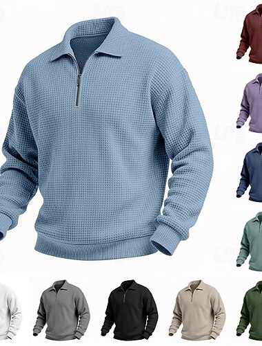  Herren Sweatshirt Waffel-Sweatshirt Pullover Kapuzensweatshirt Viertelreißverschluss Sweatshirt Aprikose Weinrot Schwarz Weiß Hellgrün Stehkragen Einfach Strukturiert Lässig Täglich Sport & Outdoor