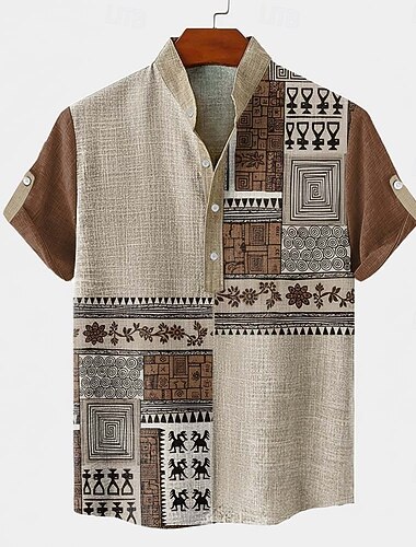  Herre Blomstermønster Etnisk Gresk nøkkel Skjorte Skjorte med knapp ned Kortermet Vintage retro Ferie Fritid / hverdag Sommer Vår Opprett krage Henley krage 3D-utskrift Lin som skjorte Mørk kaki