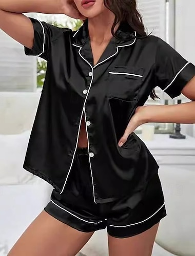  Dam Vardagsklädsel Pyjamas set Mode Ledigt Mjukt Ren färg Lappverk Elastisk midja Knappar Shorts Hem Semester Kortärmad Kavajslag Lotus rosa Svart Champagne Rubinrött Kamel Sommar Vår Höst Normal