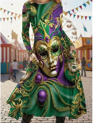  Dames Halflange jurk Casual jurk Swingjurk Elegant Modieus Dagelijks Buiten Weekend Normale pasvorm Bloemig Grafisch Lange mouw Strakke ronde hals blauw Geel Paars Groen Lente Herfst Winter