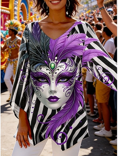  Carnaval Dames Blouse Grafisch Gestreept Abstract Vintage Stylish Casual 3/4 Lange Mouw V Hals Reguliere Tops Dagelijks Vakantie Print Geel Rood Paars Oranje Groen Lente Herfst