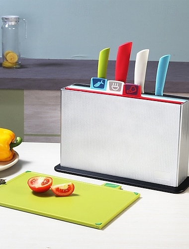  Das lebensmittelechte Schneidebrett wird mit einem Aufbewahrungsgestell geliefert, die Schneideblöcke sind zur übersichtlichen Sortierung beschriftet, es ist leicht zu reinigen und beidseitig