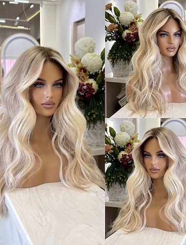  Brasilianische Echthaarperücke aus 100 % unbehandeltem Echthaar (Ombré-Look) mit 5x5 Lace-Closure, gewellt, aschblond, 13x4 Lace-Front-Perücke mit Babyhaaren, kleberfrei, vorgezupft, für Damen, langes