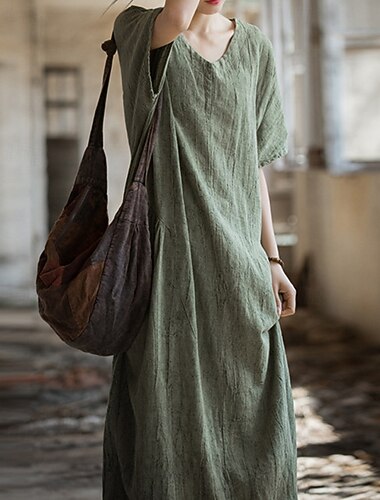  Dames Halflange jurk Jurken van katoen en linnen Hemdjurk Vintage Modieus Vakantie Uitgaan Weekend Ruim Passend Effen Korte mouw V-hals Oranje Groen Lichtgrijs Zomer Lente