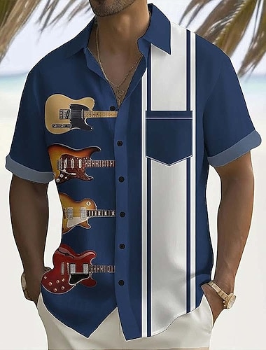  Męskie Gitara Nuty Koszula Letnia koszula Zapinana na guziki koszula Krótki rękaw Moda na co dzień Codzienny Festiwal Muzyczny Lato Wiosna Wieczorne Druk 3D koszule z kołnierzykiem Jedna kieszeń z