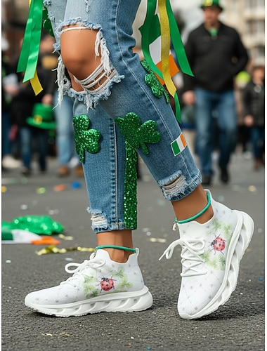  Sneakers da donna in Flyknit con stampa trifoglio irlandese: scarpe da passeggio leggere e traspiranti con suola ammortizzata, scarpe da ginnastica casual da indossare tutti i giorni, sfilate, San Patrizio, viaggi e attività all'aperto