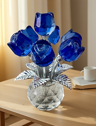  Exquisite Rosenskulpturen aus Kristallglas – elegantes Rot, Blau &Rosa Blumendekor mit glitzernden Blättern, vielseitige Dekoration für Schlafzimmer, Küche, Wohnzimmer, Gebetsraum – das perfekte