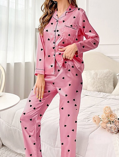  Femmes Loungewear Ensemble Pyjama Actif Mode Occasionnel Cœur Taille Élastique Boutons Pantalon Maison Vacances manche longue Revers Rose Claire Printemps Automne Coupe régulière