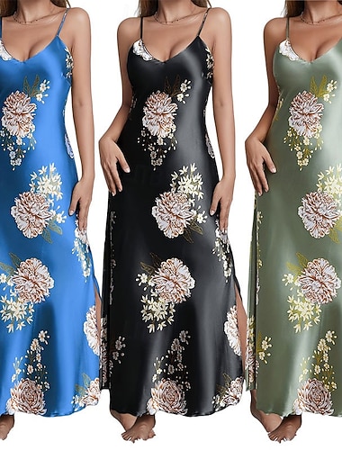  Damen Nachthemd Lässig Weich Satin Blumen Rückenfrei Täglich Heim Bett Ärmellos Träger Blau Schwarz Rote Grün Sommer Lässiger Schnitt