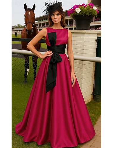  Linea ad A Lunghezza al pavimento Abito Derby Abito da Sera Da principessa Abito formale Elegante Senza Maniche Scollo a Barca Derby del Kentucky Tasca Raso Elasticizzato con Fiocco/Fiocchi