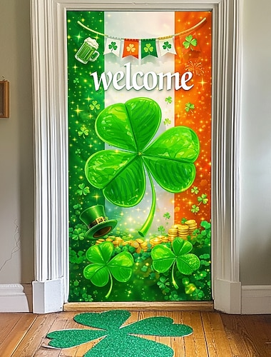  Türdekoration zum St. Patrick's Day, Hintergrund mit irischer Flagge und riesigem Kleeblatt, Willkommensgruß, festliche Eingangsdekoration für die Feierlichkeiten zum St. Patrick's Day.