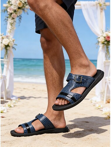  Herre marineblå sandaler – moderne design med blanke detaljer, perfekt for stranddager, fritidsklær og avslappede anledninger og bryllup
