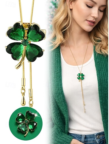  Pingente feminino de trevo verde em liga metálica, que pode ser usado como colar ou broche, perfeito para o Dia de São Patrício e para o dia a dia.