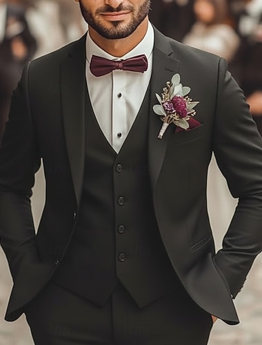 Heren Smoking Zakelijke pakken winterbruiloft Semi formeel Zwart Bordeaux Lente, Herfst, Winter, Zomer Pak Ingesneden revers Zakelijk Formeel Effen Getailleerd 3-delige set Enkele rij knopen met twee