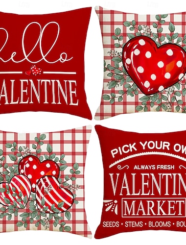  Zestaw walentynkowy, poduszka lniana w kratę, wzór serca, poduszka na talię, dekoracyjna poduszka, pokrowiec na sofę do salonu, dekoracja domu, poduszka nocna