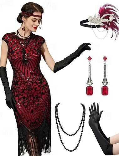  Roaring jaren '20 Jaren 1920 Tot de knie Flapper jurk Outfits Cocktailjurk kapmouwtjes The Great Gatsby Flapper Girl Bruiloftsgast Pailletten Veer Zoom Ronde hals Kostuum Dames Carnavalskostuum 7 PCS