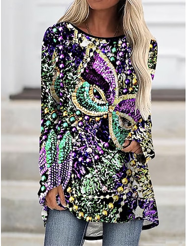  Carnaval Dames T-shirt Afdrukken Grafisch Abstract Vintage Stijlvol Klassiek Lange mouw Strakke ronde hals Ronde hals Normale tops Dagelijks Paars Lente Herfst