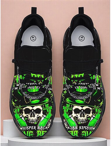  Herren-Sneaker mit Totenkopf-Print – einzigartiges grün-schwarzes Design mit strapazierfähiger Verarbeitung, perfekt für den St. Patrick's Day und Freizeitkleidung