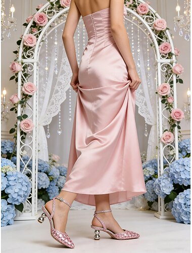  Dámské růžové lodičky s kamínky a špičatou špičkou na nízkém podpatku s rolákovým řemínkem – elegantní svatební, společenské a společenské boty