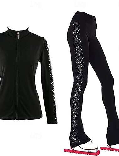  Kunstschaatsjas met broek, dames- en meisjesschaatsoutfit, zwart, elastisch, trainings- en wedstrijdschaatskleding, thermisch, warm, met kristallen/strass steentjes, lange mouwen, kunstschaatsen.