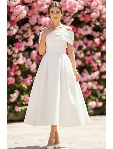  Ligne A Longueur cheville Robe de Soirée Robe de Cocktail Robes de mariée Robes pour enterrement de vie de jeune fille robe de mariée Élégant Petites Robes Blanches Sans manches Épaules Dénudées