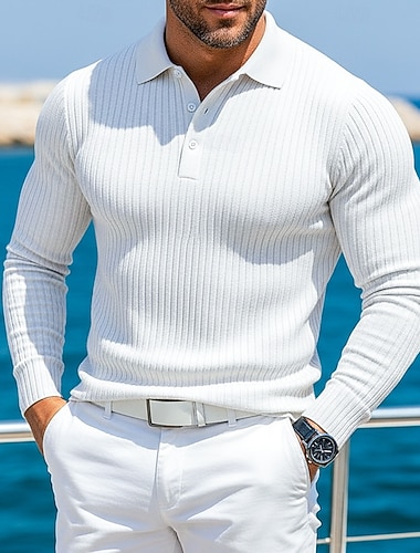  Herren Rippenstrick-Top Textur Lässig Straße Revers Langarm Basic Modern Einfach Vertikale Streifen Knöpfe Herbst Frühling & Sommer Ganzjahres Schmale Passform Weiß Marineblau Grau Leicht Blau