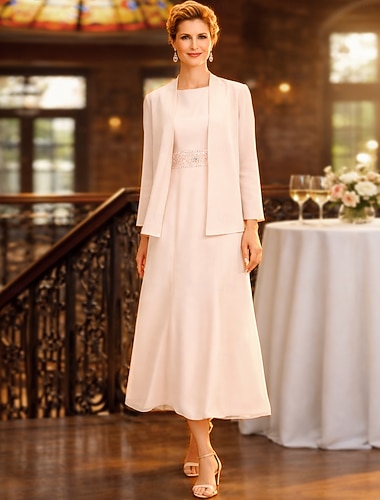  Tweedelig Strak kolom Over de knie Bruiloft gast jurk Moeder van de bruid jurk Mouwloos Met sieraad Elegant Grote maten Bruiloft gast Formele avonden Chiffon Wrap inbegrepen met Sjerp / Lint Plooien