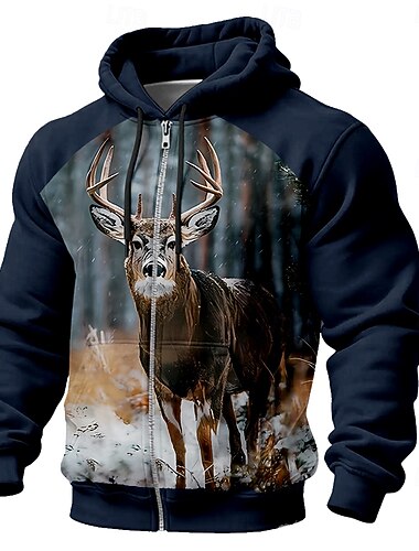  سترة بغطاء رأس بسحاب للرجال، مزينة برسومات واقعية لغزال، مناسبة للصيد والحياة البرية في الغابات، مناسبة للأنشطة الخارجية الشتوية، متوفرة بمقاسات S، M، L، XL، XXL، XXXL