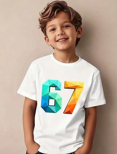  Baumwolle Kinder Jungen Schwarz Weiß Grafik Lustiger Slang 67 T-Shirt Bluse Rundhalsausschnitt Kurzarm Outdoor Alltagskleidung Mode Streetwear Designer Drucken Sommer