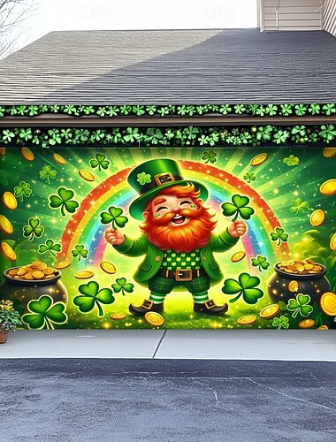  Mural para puerta de garaje del Día de San Patricio, duende alegre con arcoíris y tréboles. &Olla de oro, decoración festiva al aire libre para la celebración del día de San Patricio.