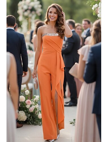  Overalls Bodenlang Jumpsuit Brautmutterkleid Ärmellos Trägerlos Elegant Einfach Formell Hochzeitsgast Familientreffen Stretch Chiffon mit Gerafft Perlenstickerei Rüschen