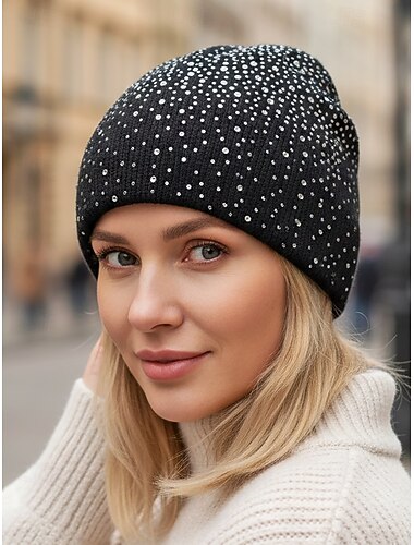  berretto da donna in poliestere lavorato a maglia, con decorazioni in strass, disponibile in più colori, perfetto per la moda invernale
