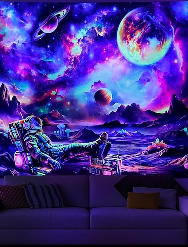  Schwarzlicht-Astronauten-Wandteppich, UV-reaktiver Galaxien-Weltraum-Wandteppich, im Dunkeln leuchtend, psychedelischer Universum-Planeten-Wandteppich, Neon-Sternenhimmel-Wandbehang-Dekoration für