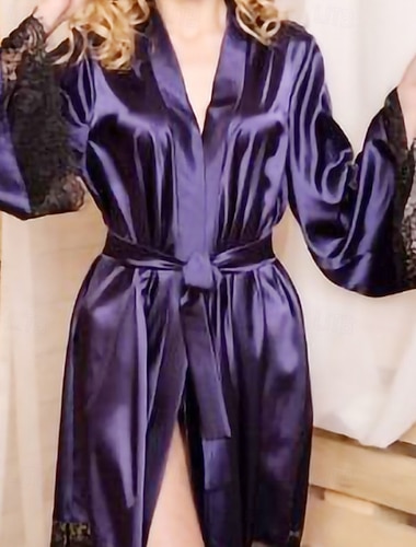  Damen Robe Lässig Weich Satin Einfarbig Spitze Täglich Heim Bett Langarm V Ausschnitt Silber Schwarz Weiß Rosa Wein Sommer Frühling Lässiger Schnitt