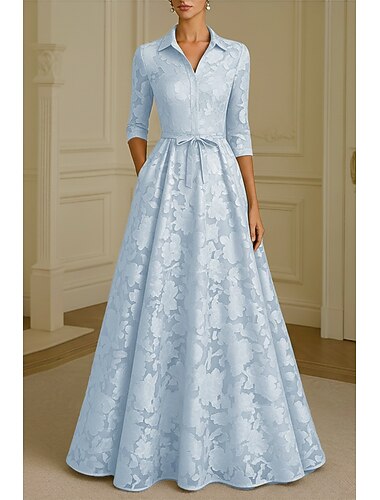  A-linje Gulvlengde Skjortekjole Formell kjole Aftenkjole Kjole til brudens mor Langermet Skjortekrage Elegant Årgang Formell Sateng Jacquard med Sløyfe(r) Blomst