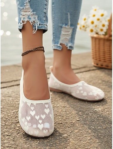  Hvide, transparente mesh-ballerinaer med hjerter til kvinder - romantiske slip-on-sko med blondeprint, åndbart komfortfodtøj til date, afslappet forårstøj og hverdagscharme