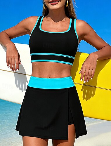  Damen Tankini 2 Teile Badeanzüge Farbblockierung Elastisch Ärmellos Bademode Surfen Schnorcheln Schwimmen Sommer