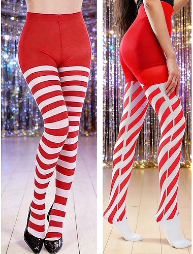  Kvinnelige Mardi Gras røde og hvite stripete over-knærne strømpebukser stretchy karneval kostymesokker sett med 2 dristig festivalstil karnevalfester cosplay og temaevenementer